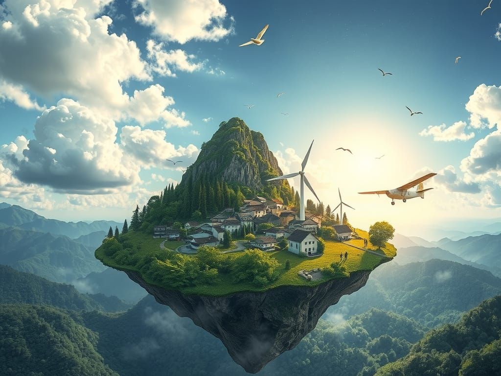 Eine fliegende Insel im Himmel angetrieben durch Propeller, auf der Insel ist ein Berg, wo Energie durch Windmühlen erze...