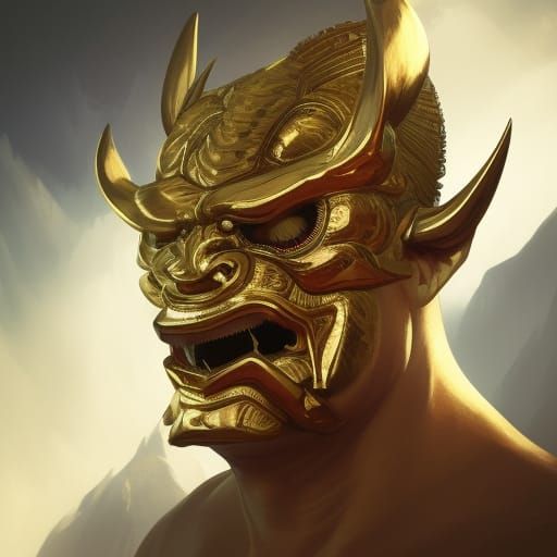 Golden Oni Mask Portrait in Hyperdetailed Digital Art