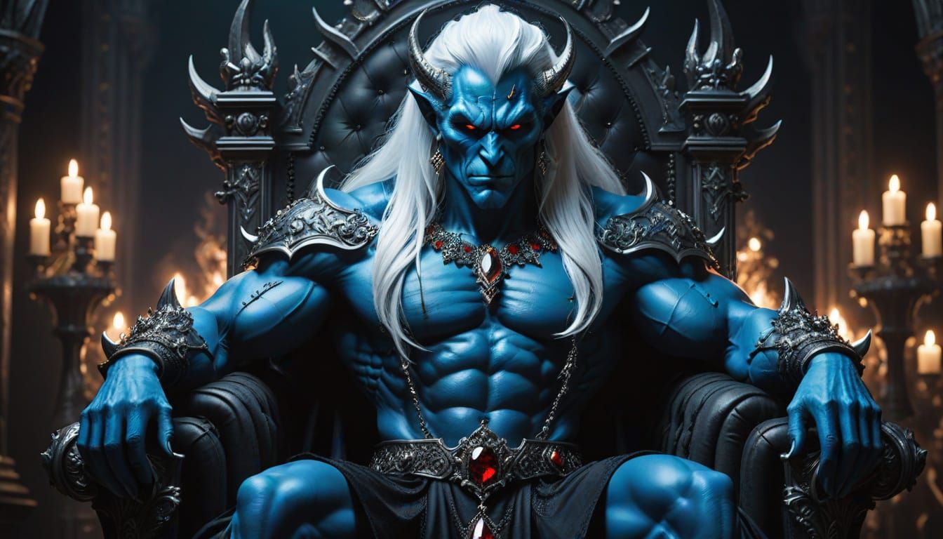 Blue Demon on Gothic Throne: Dark Fantasy Art