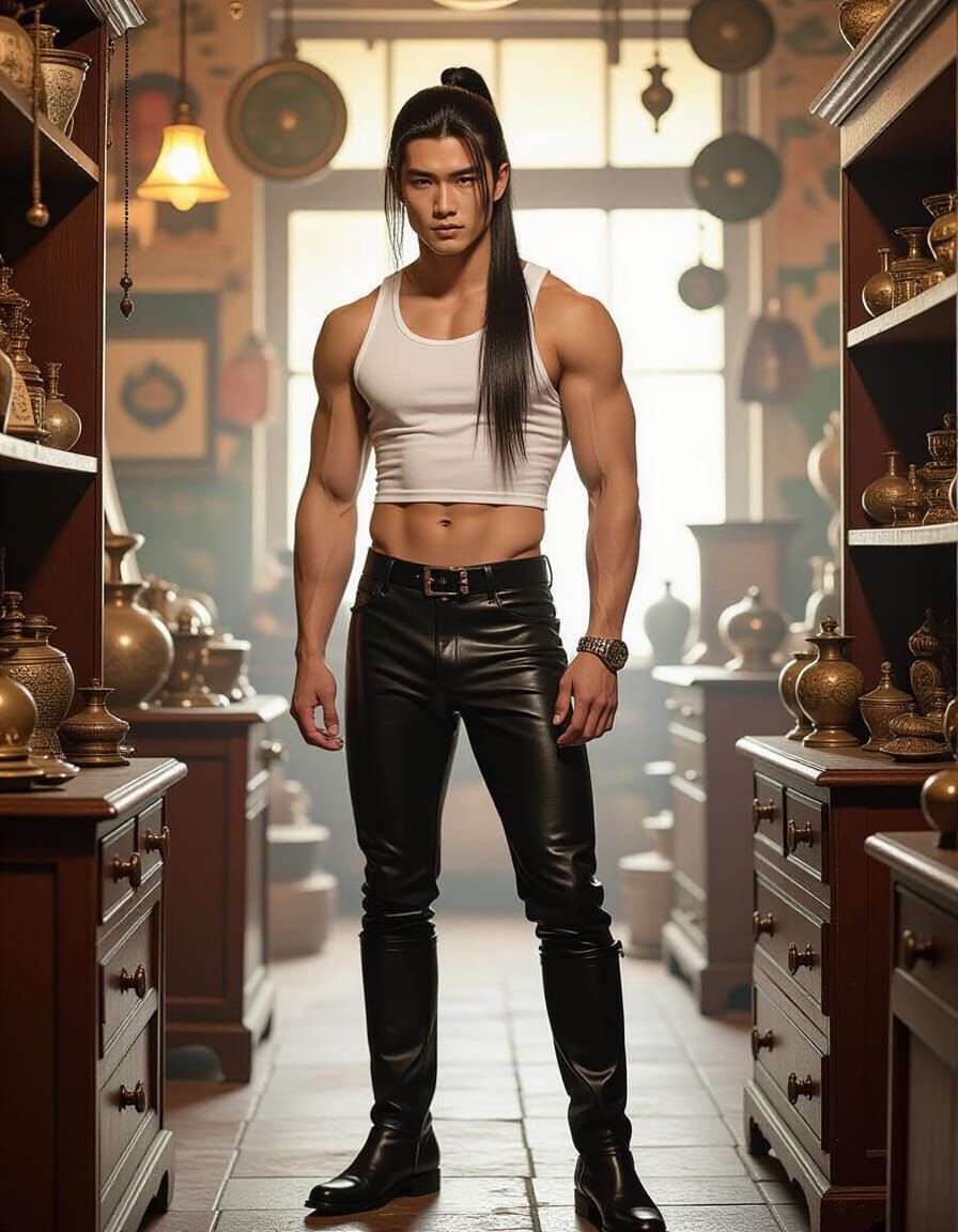 Chinese Man in Leather Pants in Antique Store
