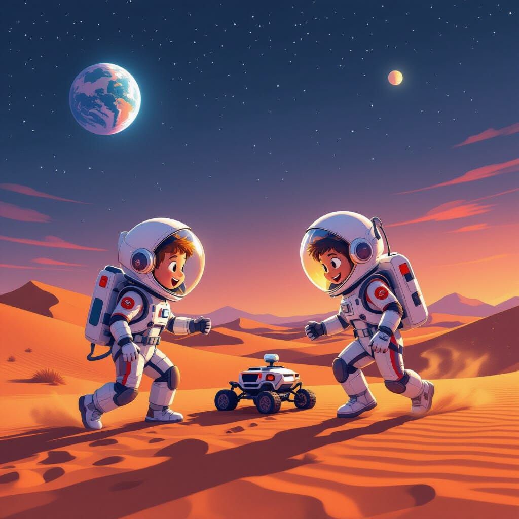 Martian Children Chase Rover in Cartoon Style