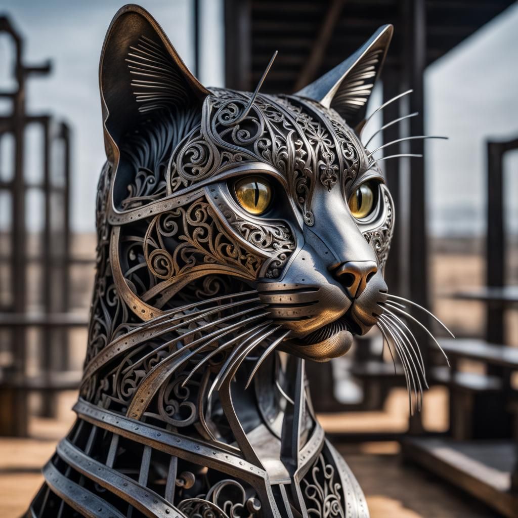 Welded Metal Cat Art: Hyperrealistic HDR Image