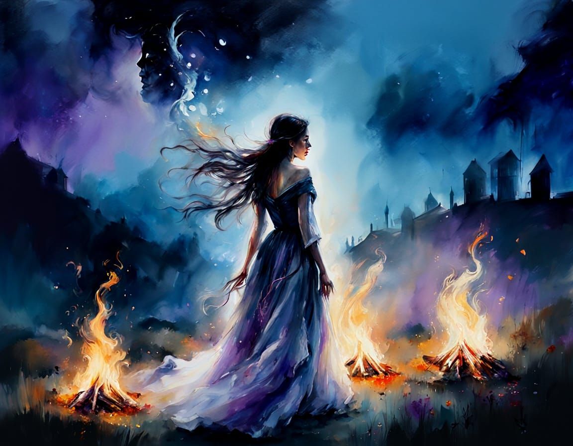 Witch Burning on Bonfire in Vibrant Watercolour Style