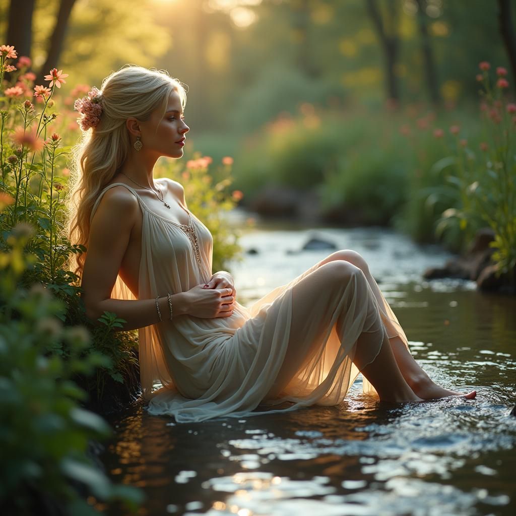 Forest Elf Reclining by Stream in Ethereal Sunset