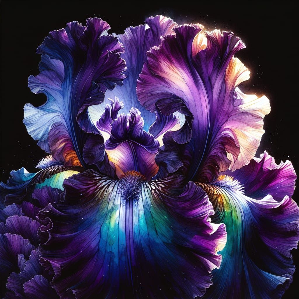 Deep Purple Bearded Iris Flower in Watercolor and Alcohol In...