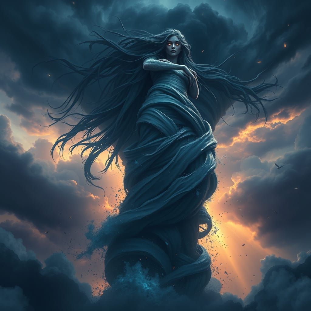 Giantess in a Turbulent Stormy Sky with Golden Light