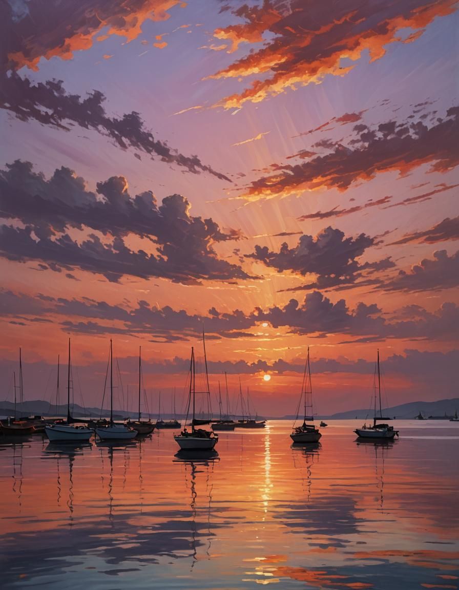 Tranquil Sunset at Sea with Boats: Digital Painting