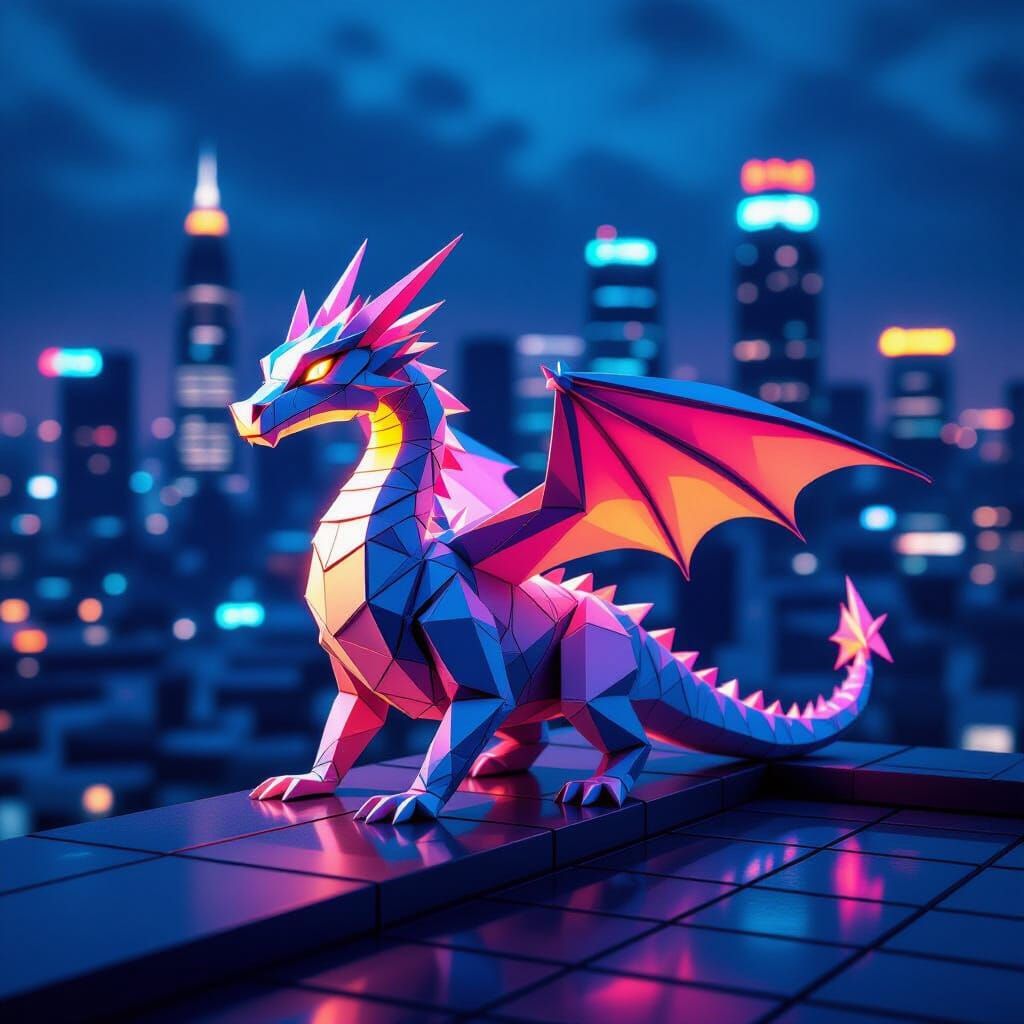 Neon Cityscape Origami Dragon Digital Art