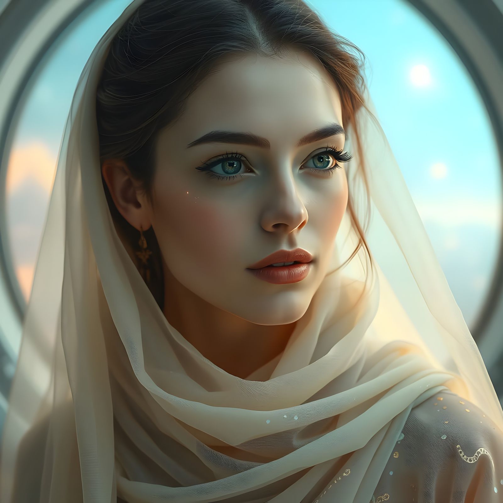 Ethereal Woman Portrait with Nebula Veil and Galactic Eyes