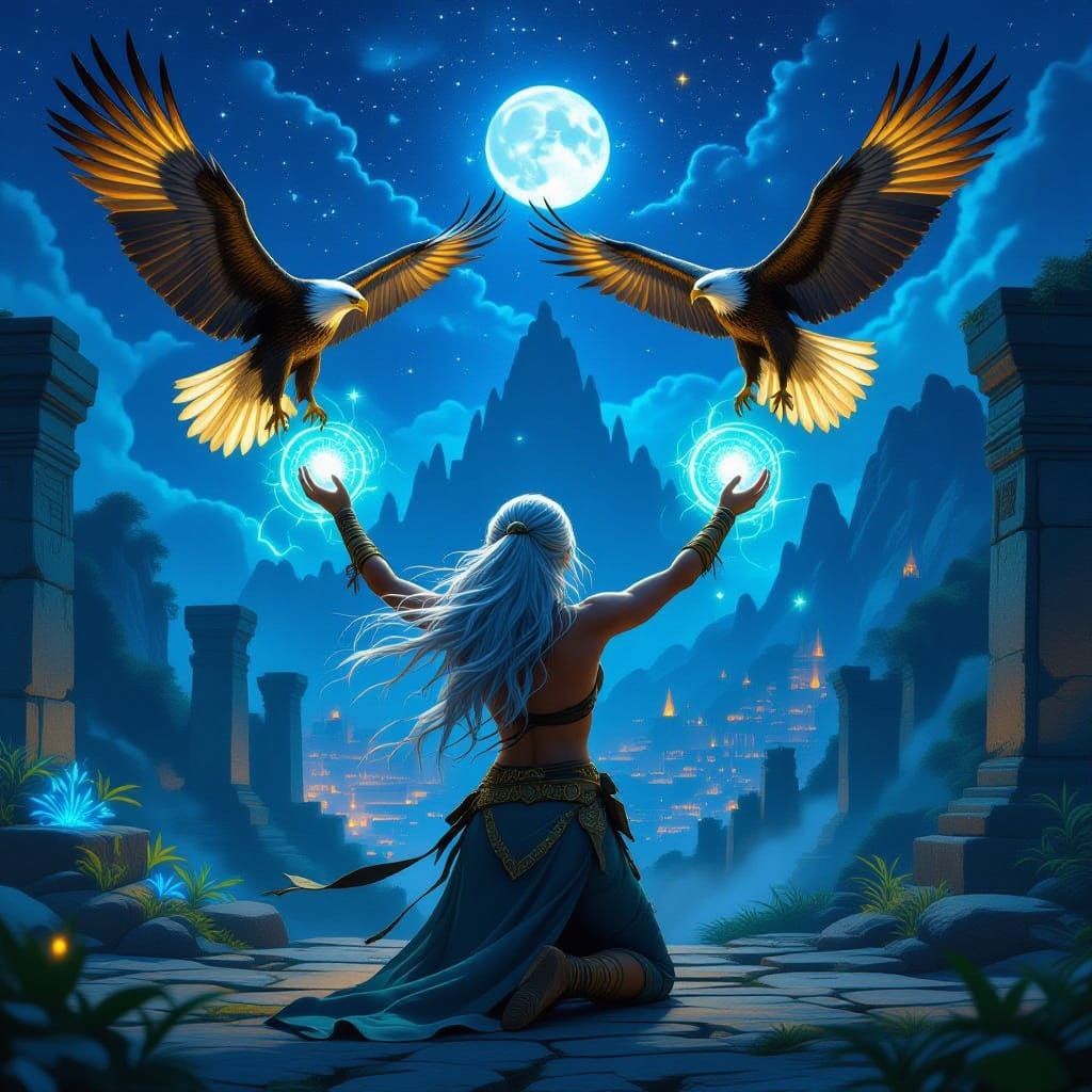 Fantasy Beast Master Communes with Golden Eagles Under Starl...