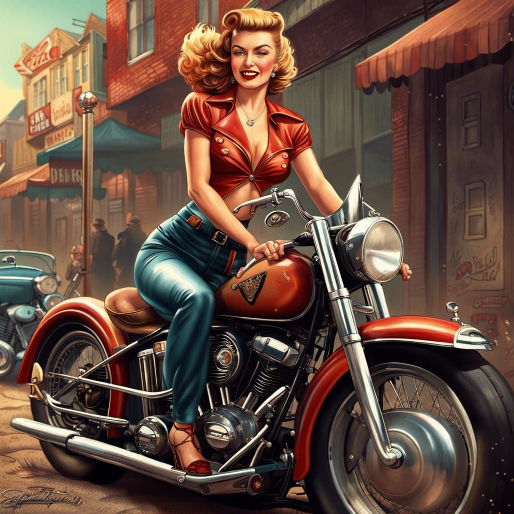 1940s Pin-Up Girl on Harley Davidson Motorcycle