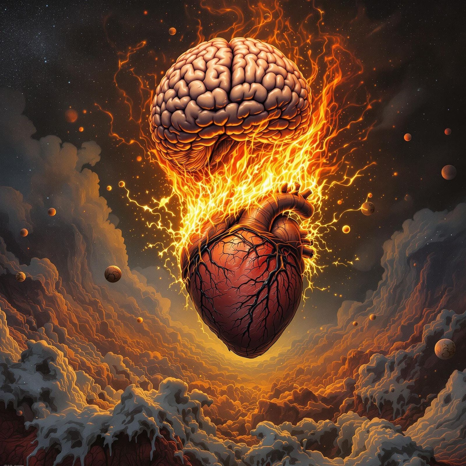 Human Heart Inferno Cooking a Brain in a Cosmic Veil