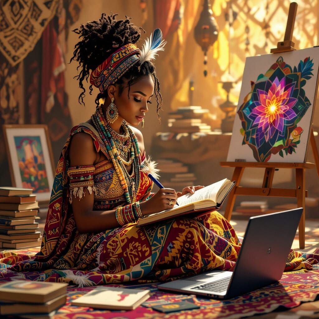 Woman Writing in a Book in a Golden Atmosphere