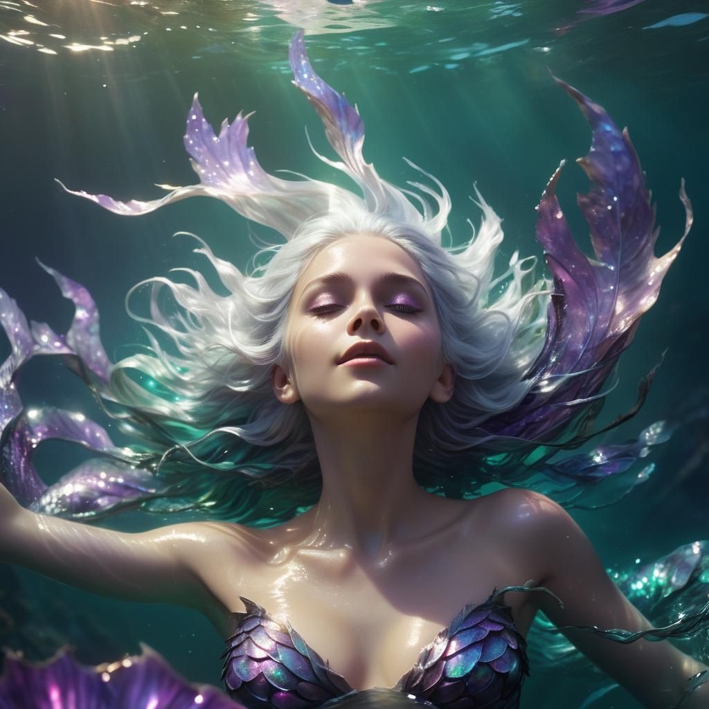 Silver-Haired Siren Singing Underwater: Fantasy Concept Art