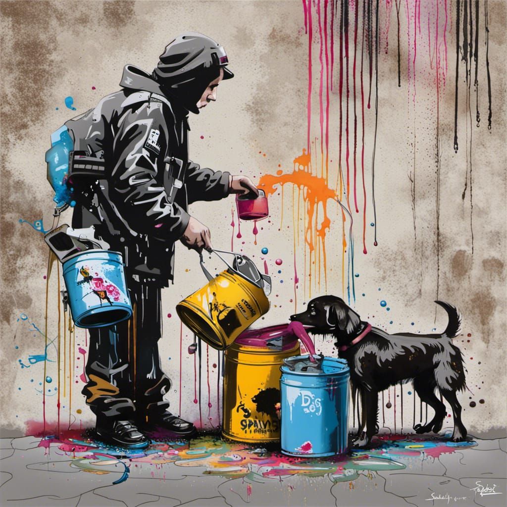 Banksy Washing Dogs: Graffiti Art in Polychromatic Detail