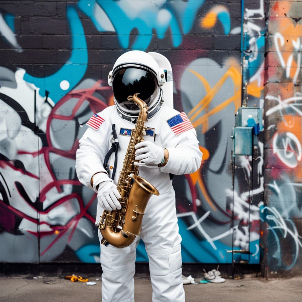 Hyperrealistic Astronaut Plays Saxophone in the Urban Jungle