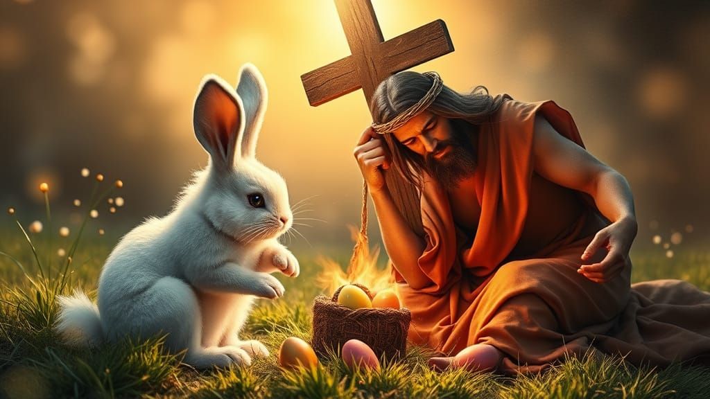 Surreal Easter Bunny Confronts Christ in Passionate Struggle