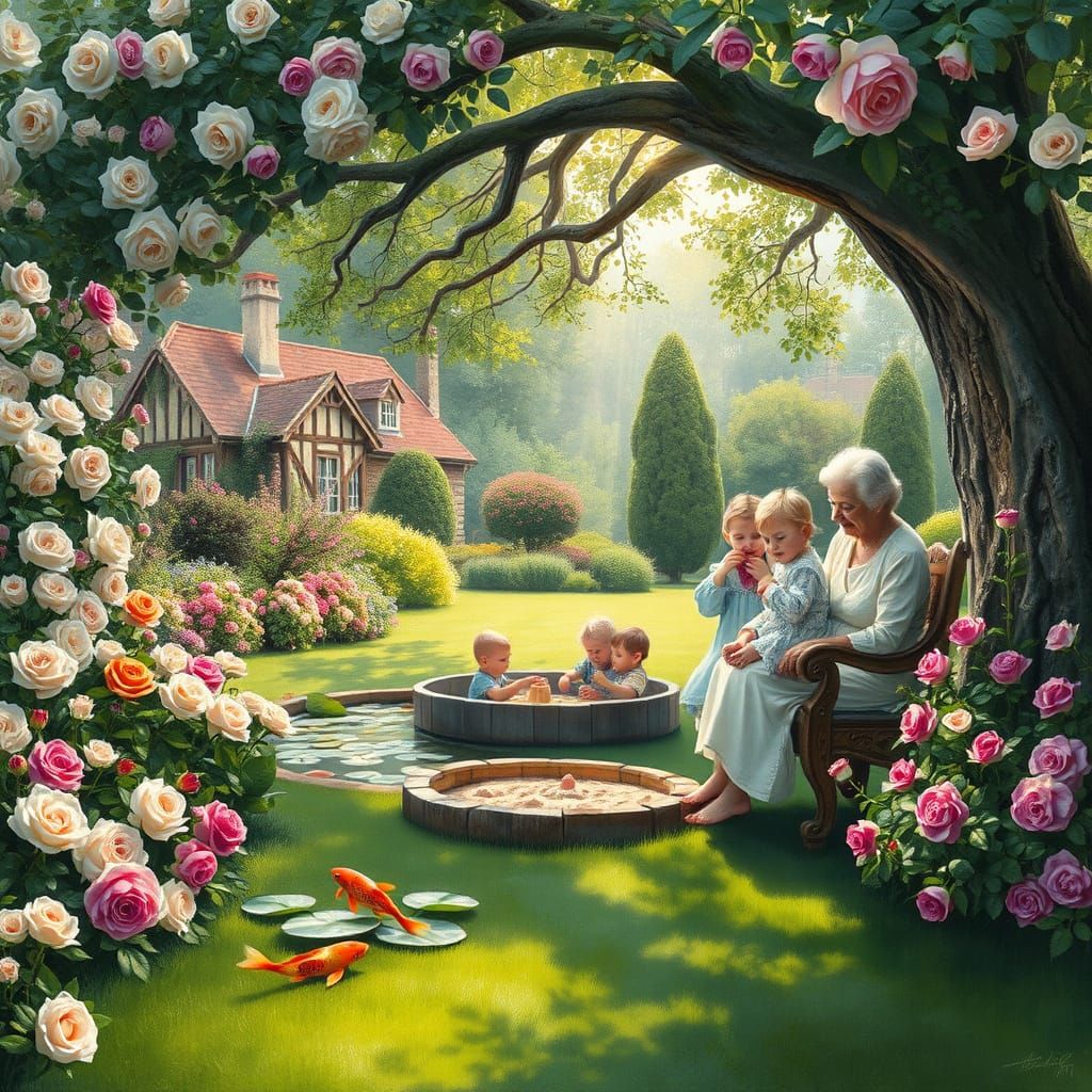 Idyllic English Garden with Roses and Family Scene