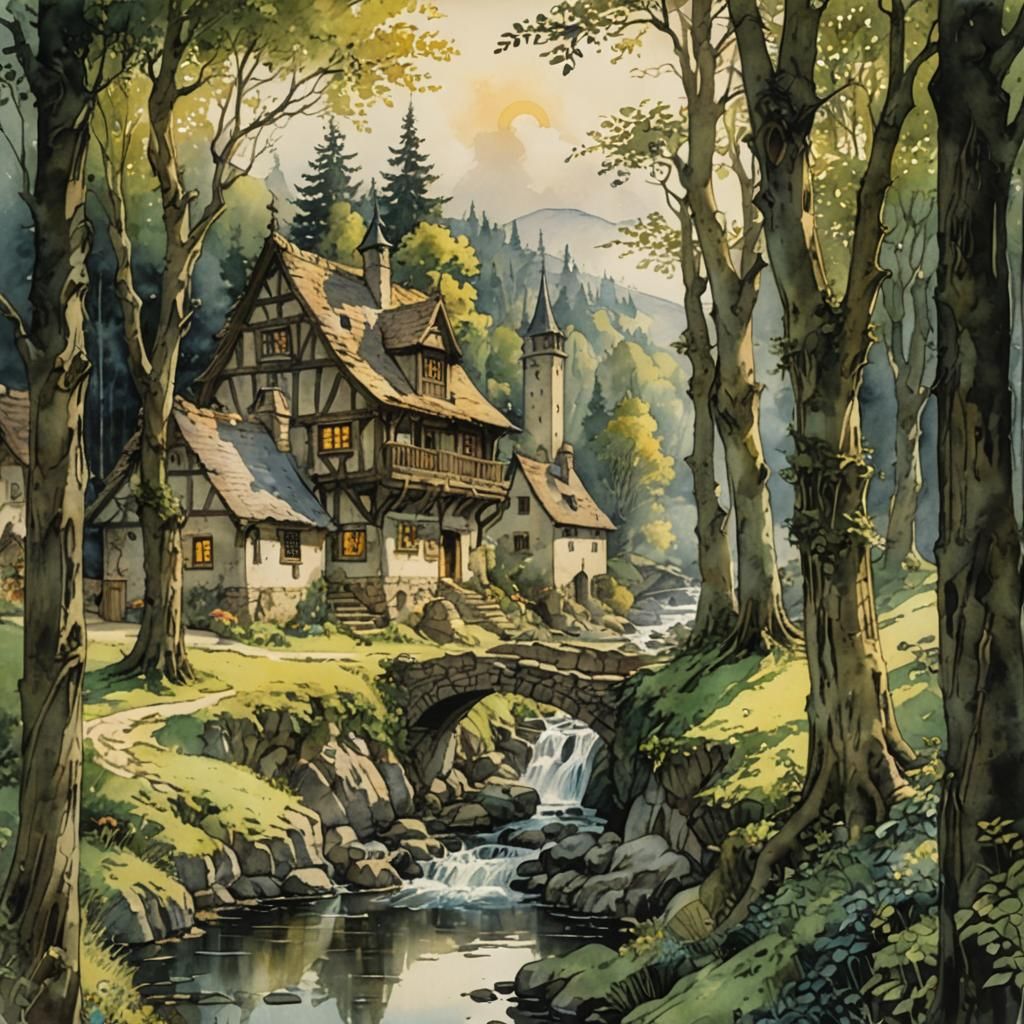 Picturesque Medieval Village in Watercolor Style