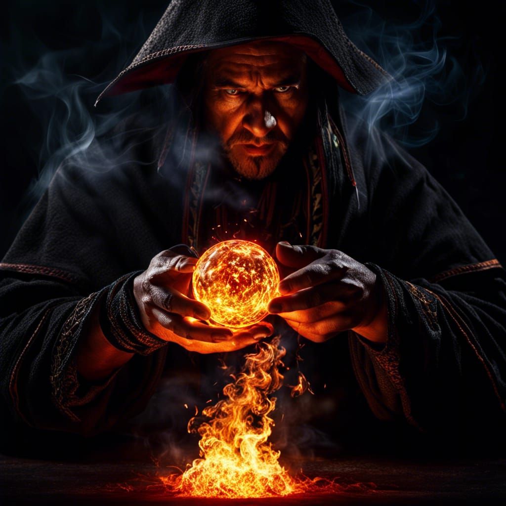 Sorcerer Conjuring Fireball in Hyperrealistic HDR