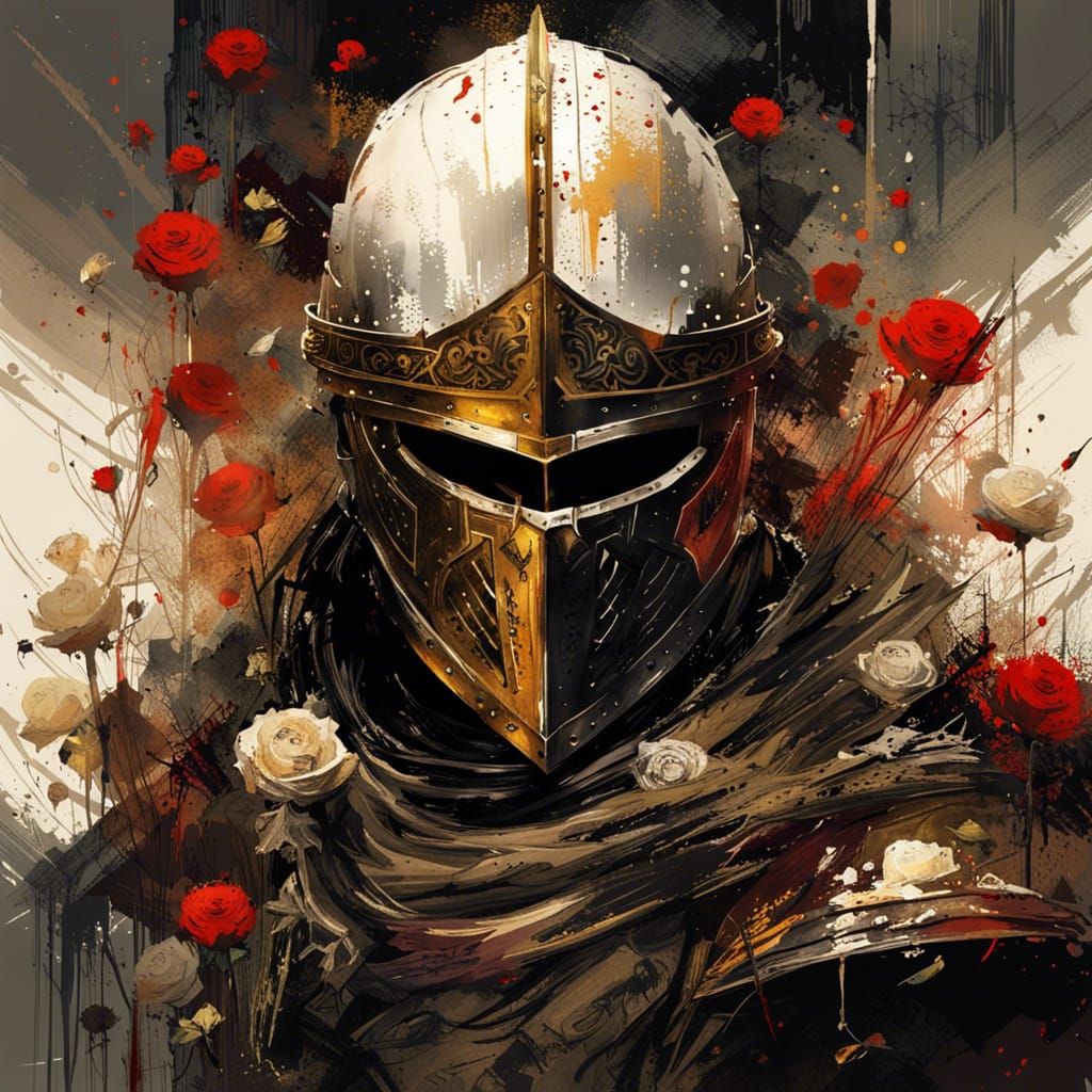 Gothic Knight in Blood Rose Field, Gouache Style