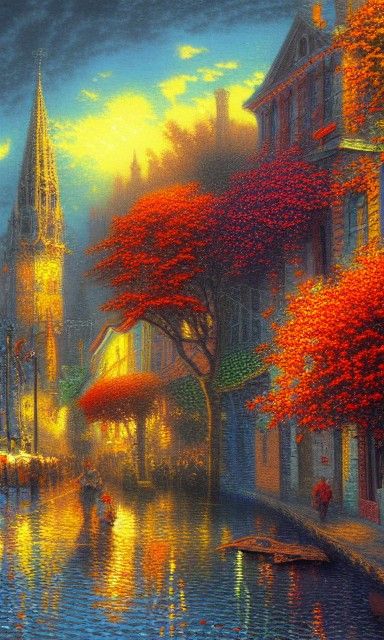 Colorful Autumn Port in Gothic Photorealistic Style
