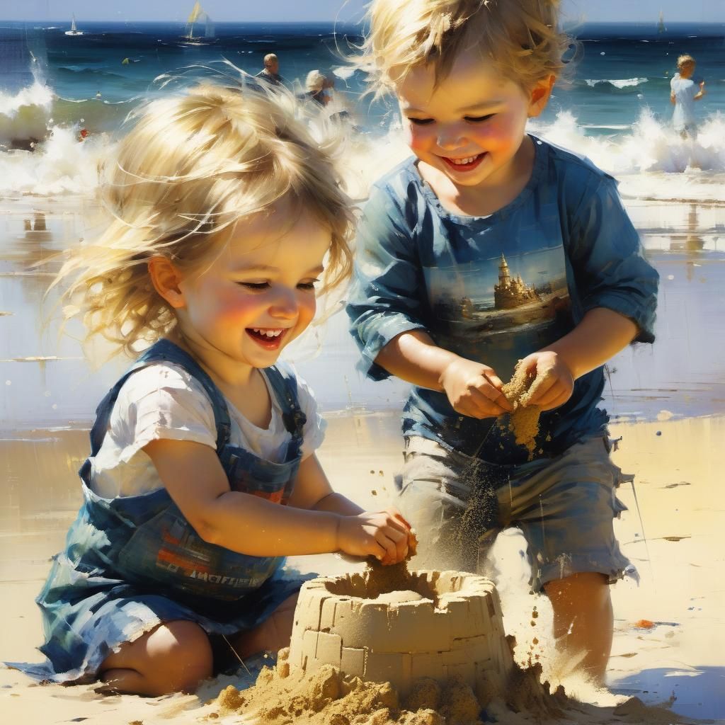 Joyful Toddlers Building Sandcastle: Fine Art Painting