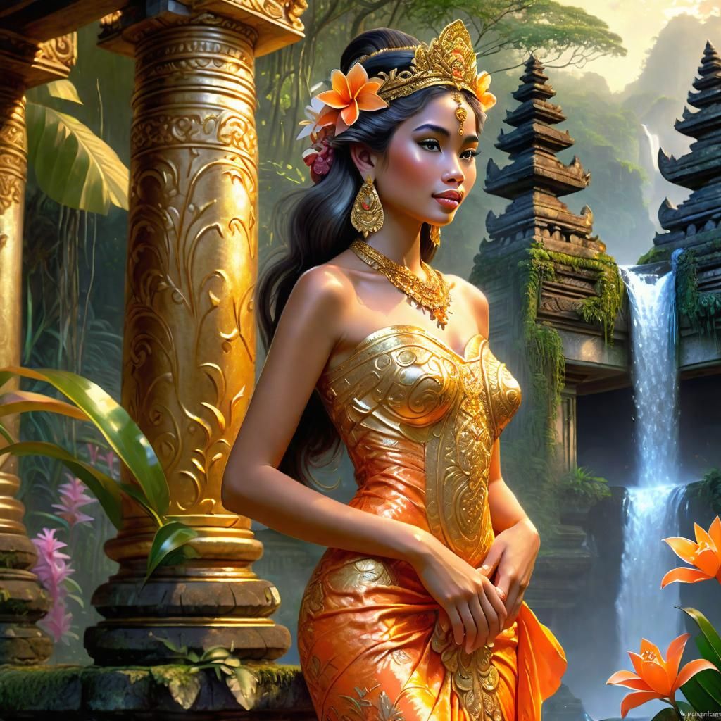 Beautiful Balinese princess in the jungle of Bali, Old Balinese temple