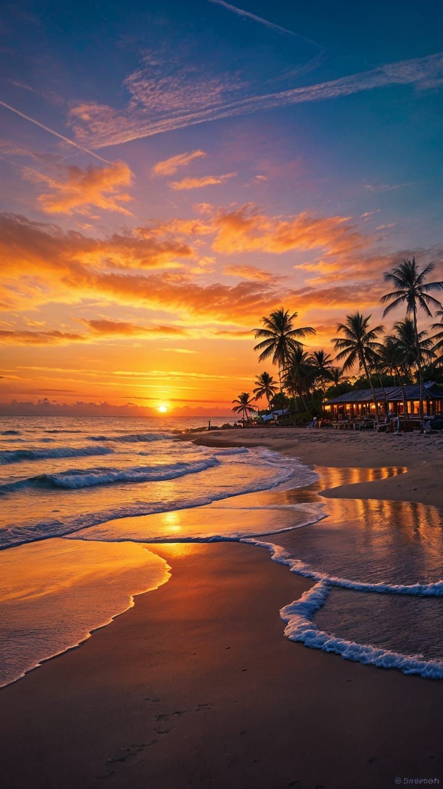 Surreal Sunset Beach Scene with Palm Trees and Warm Glow
