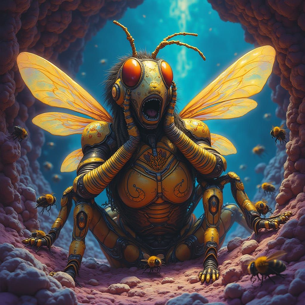 Futuristic Queen Bee Yawning in Surreal Beehive