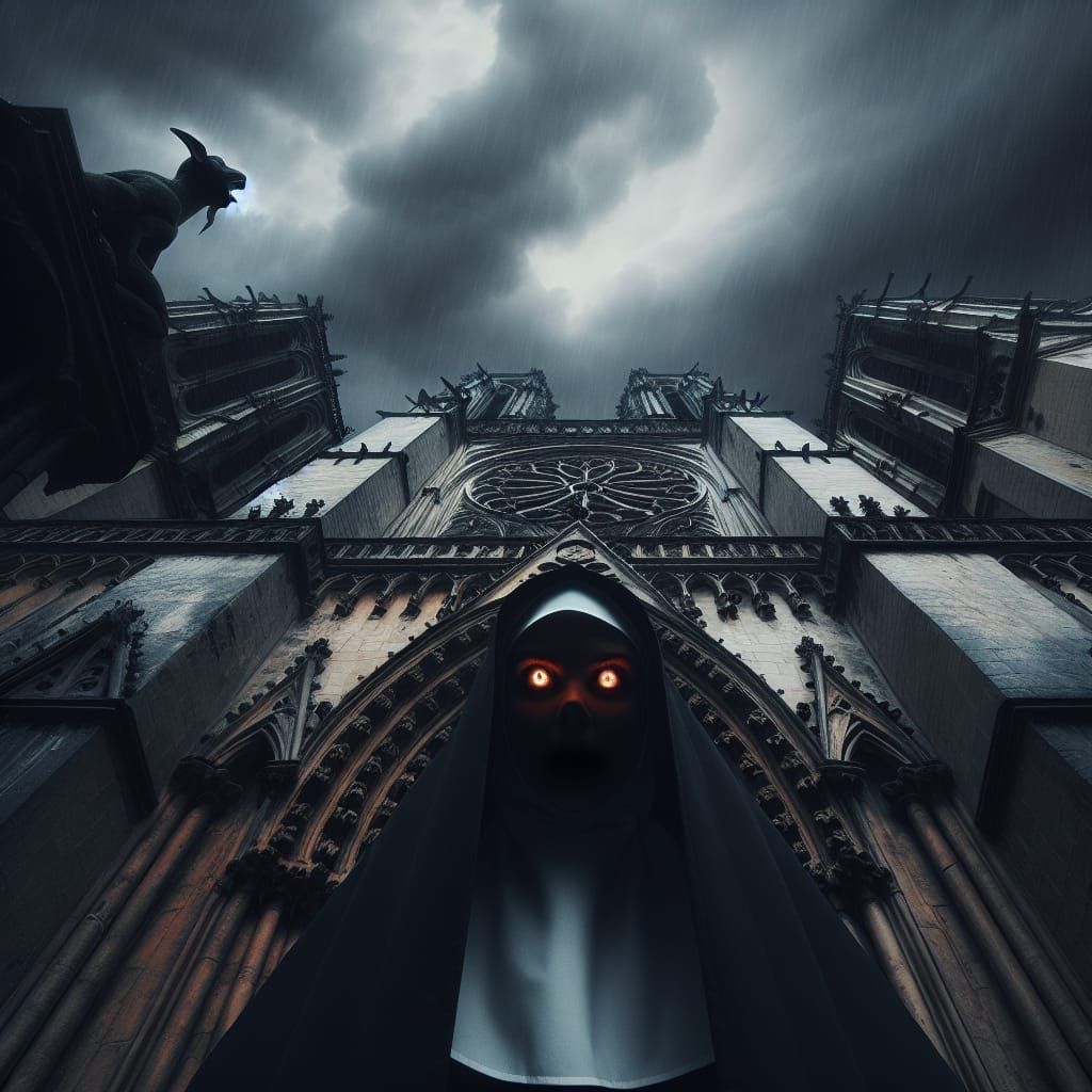 Gothic Cathedral with Glowing-Eyed Nun in Storm