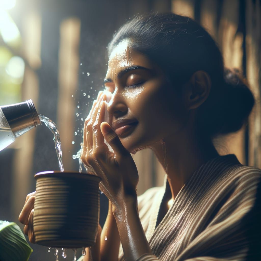 Woman Rinsing Face with Cold Water or Holding Warm Mug