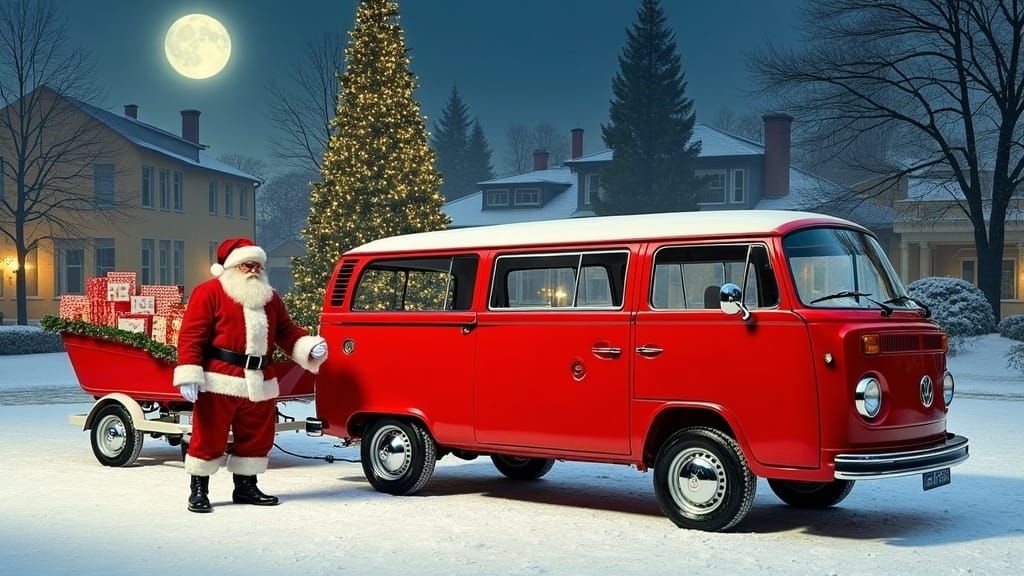 Classic Santa's Bright Red Volkswagen T2b Kombi in Winter Wo...