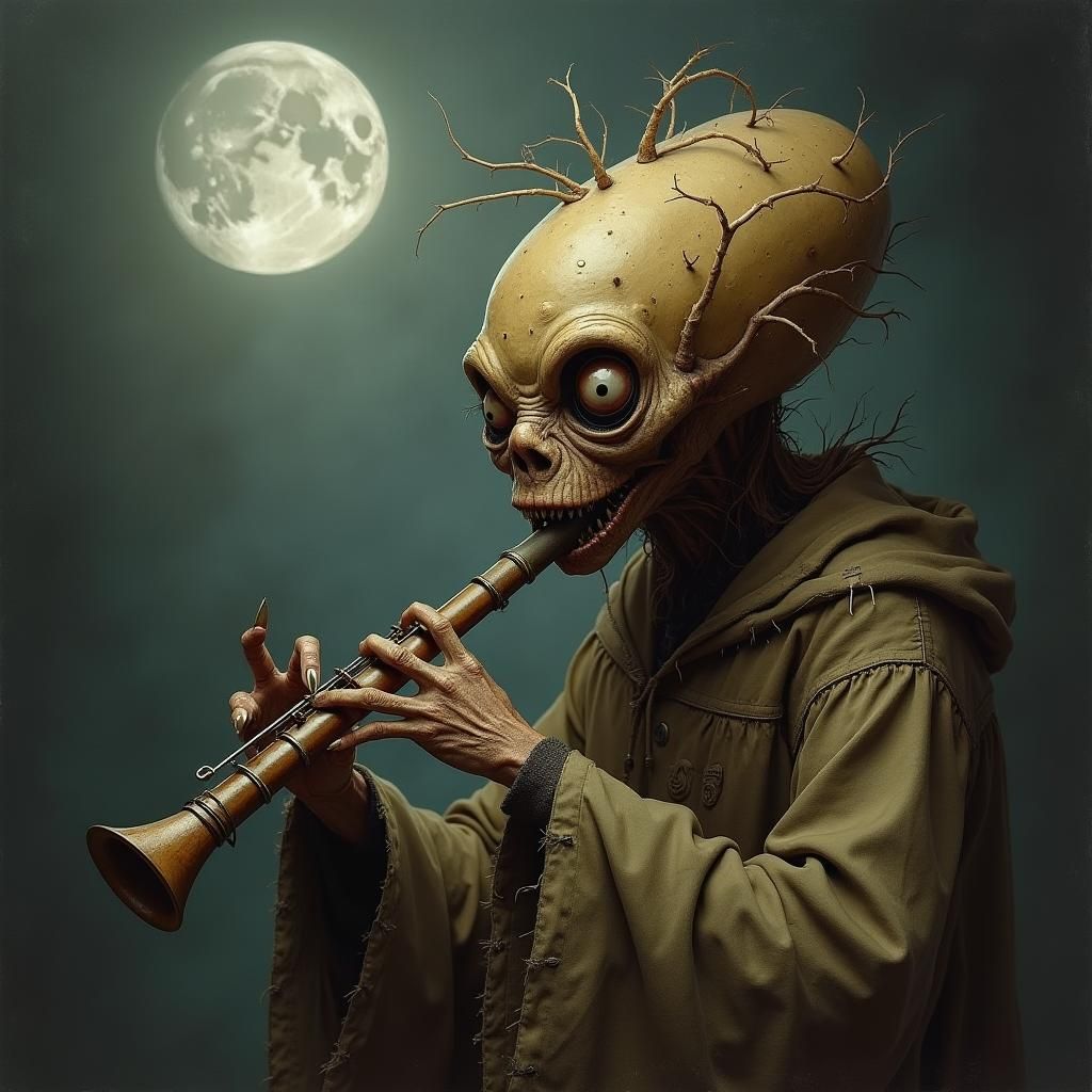 Gnarled Potato Humanoid Plays Piccolo by Moonlight