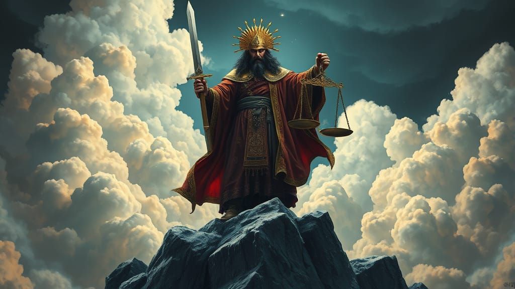 Majestic Figure on Mountain Peak in Surreal Style