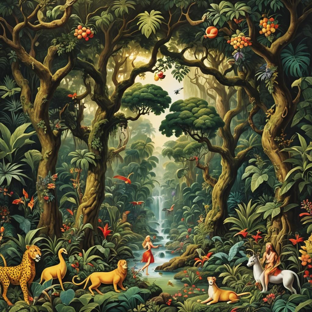 Adam and Eve in Lush Garden of Eden