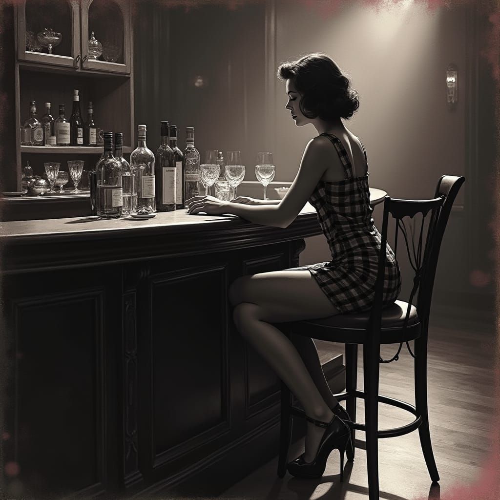 Vintage Woman at Bar Alcohol Charcoal Illustration