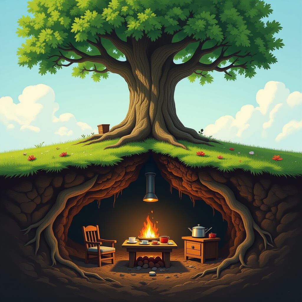 Whimsical Oak Tree with Underground Mole House