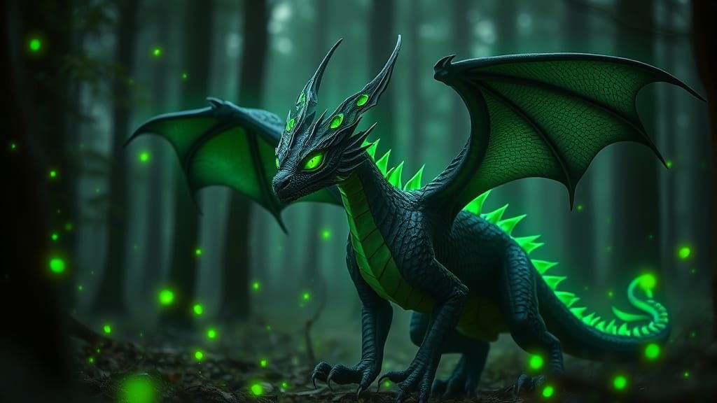 Ethereal Black Dragon in a Dreamy, Mystical Forest