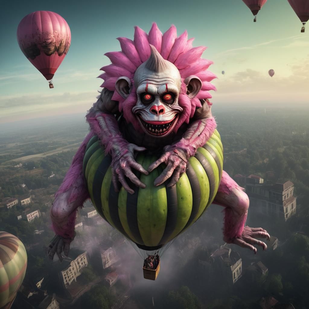 Zombie Monkey Clown in Surreal Hot Air Balloon