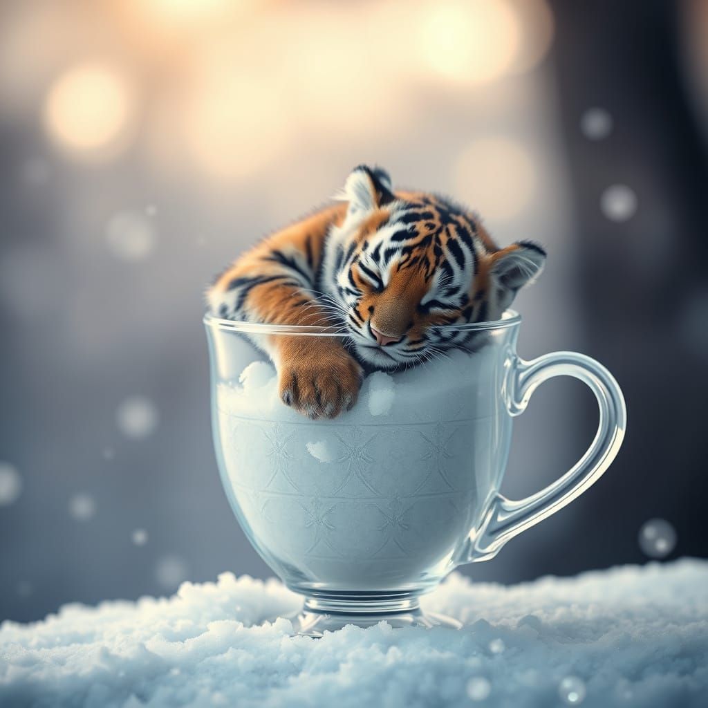 Tiger Cub Sleeping in Snow Globe, Double Exposure