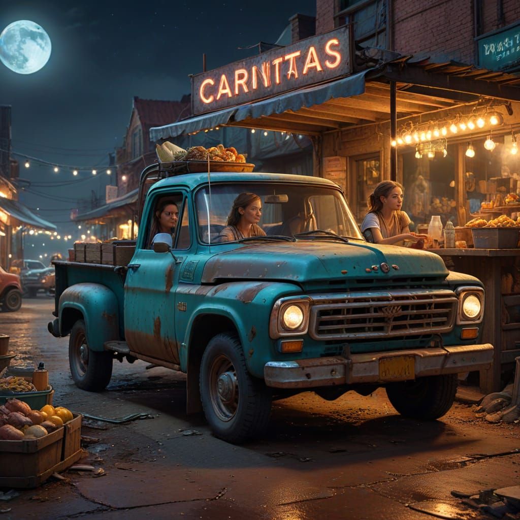 Fantasy Carnitas Dinner: Two Girls in Rusted Truck