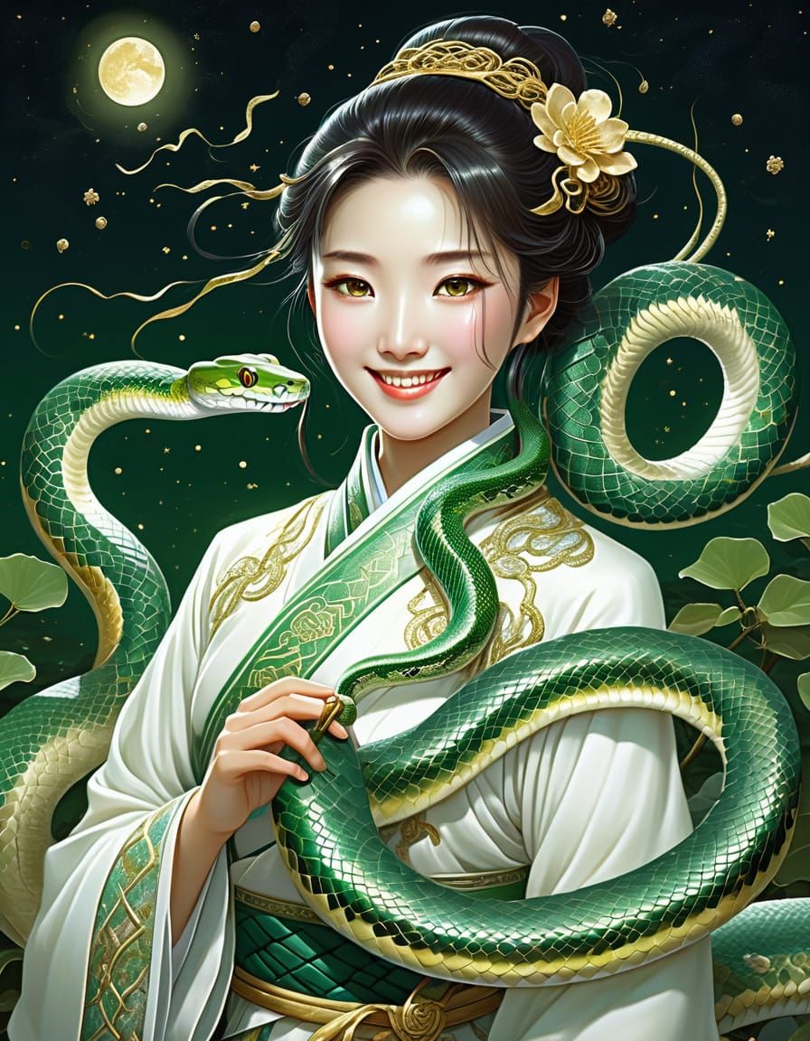 Serene Chinese Beauty Enchants with Snake Companion in Starl...