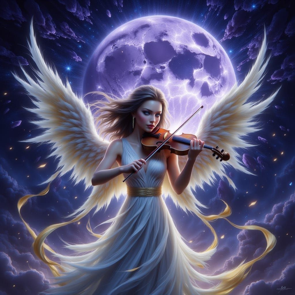 Angelic Violinist in Galaxy, Art Nouveau Style