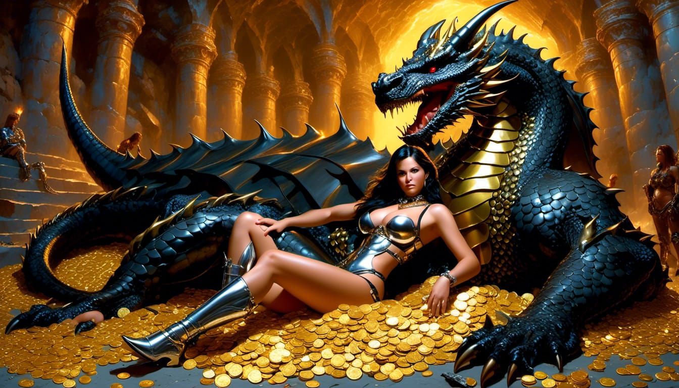 Armored Woman and Dragon in Treasure Cave