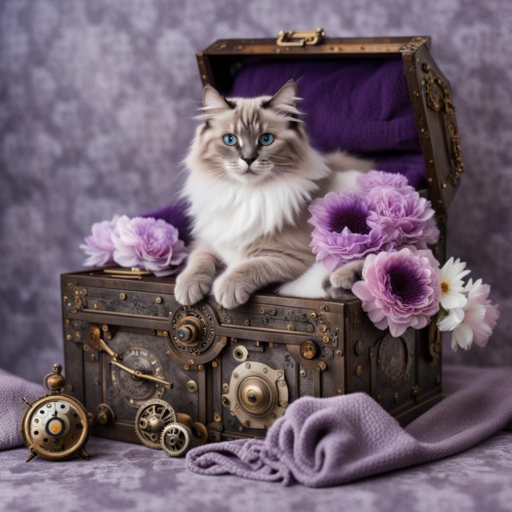 Gray Tabby Ragdoll Kittens in Steampunk Box