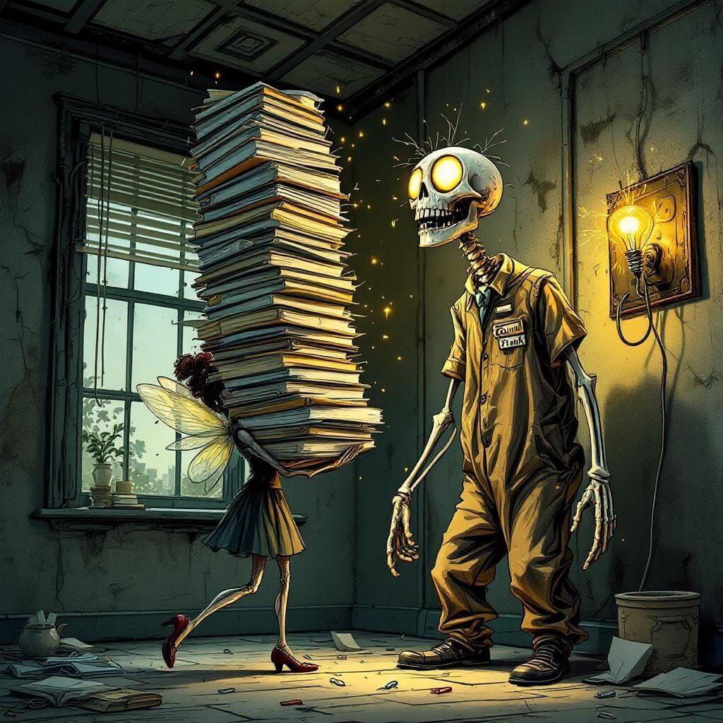 Gothic Fairy Struggles in Tim Burtonesque Office