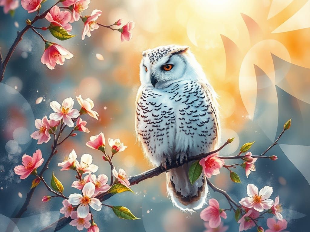 Snow Owl Amidst Vibrant Spring Blooms in Watercolor