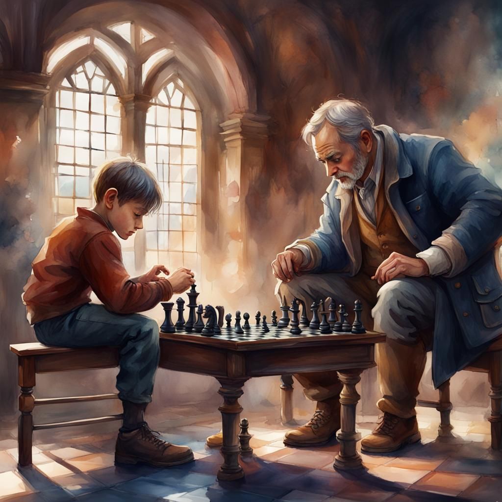 Watercolor Father and Son Playing Chess
