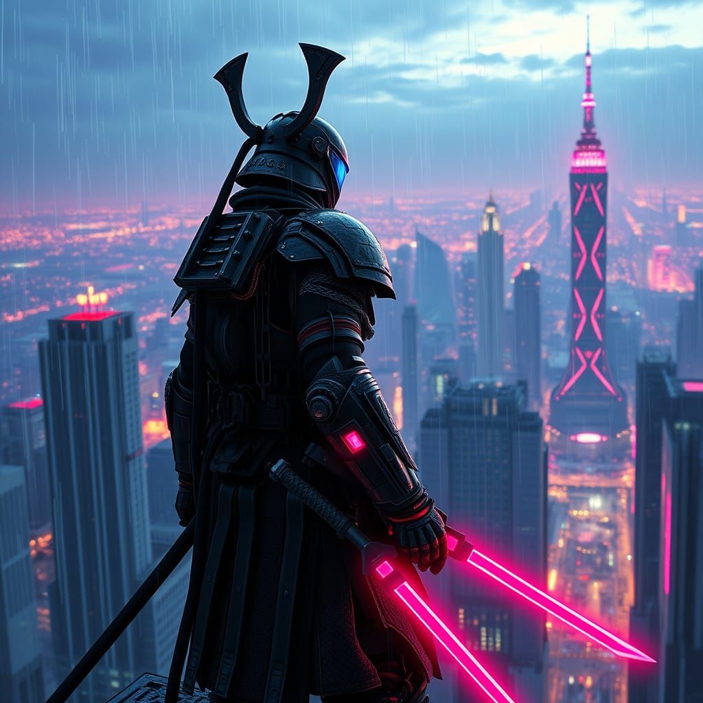 Cyberpunk Samurai Overlooking Neon Cityscape